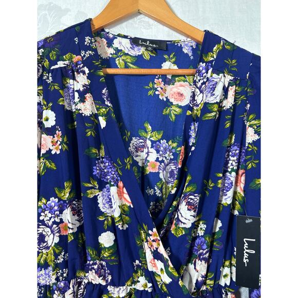 Lulus Faux Wrap Dress Medium Blue Floral NEW Long Sleeve Knee Length - Picture 6 of 12